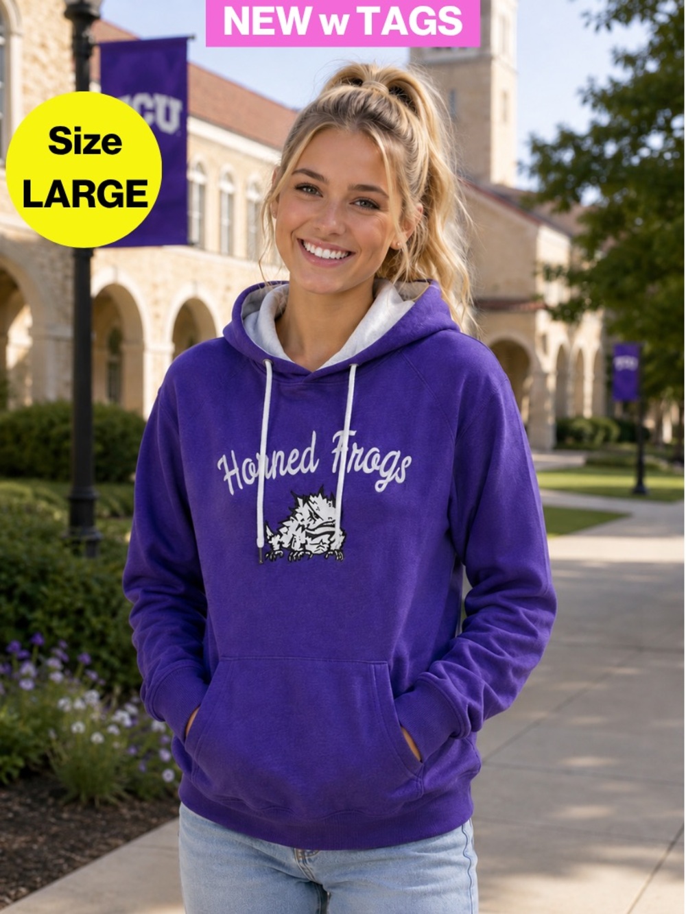 NEW/wTAGS 🏷️ TCU Horned Frogs Purple Comfy Hoodie, Front Pocket (Women’s Large)